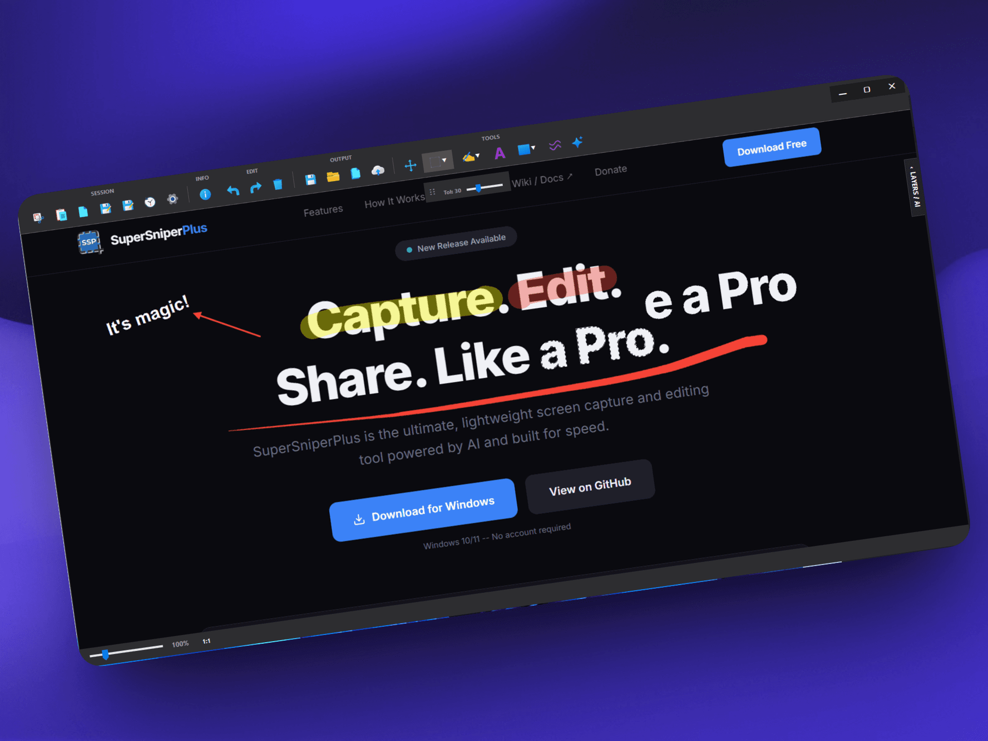 SuperSniperPlus application editor interface showing annotation tools and captured screenshot